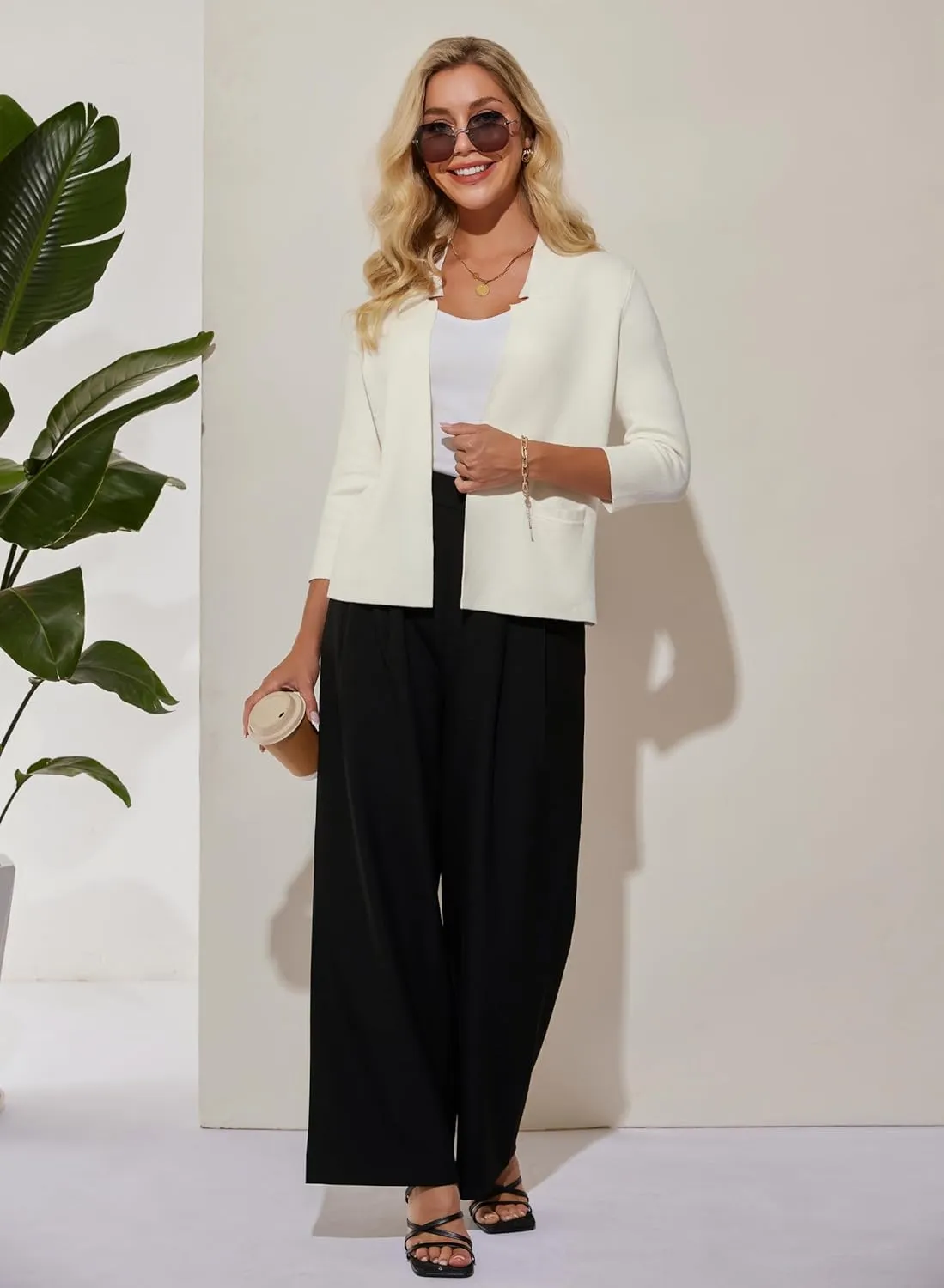 GRACE KARIN Women Sweater Blazer 3/4 Sleeve Cropped Cardigan Lightweight Notch Collar Knit Blazer Jacket Business Casual