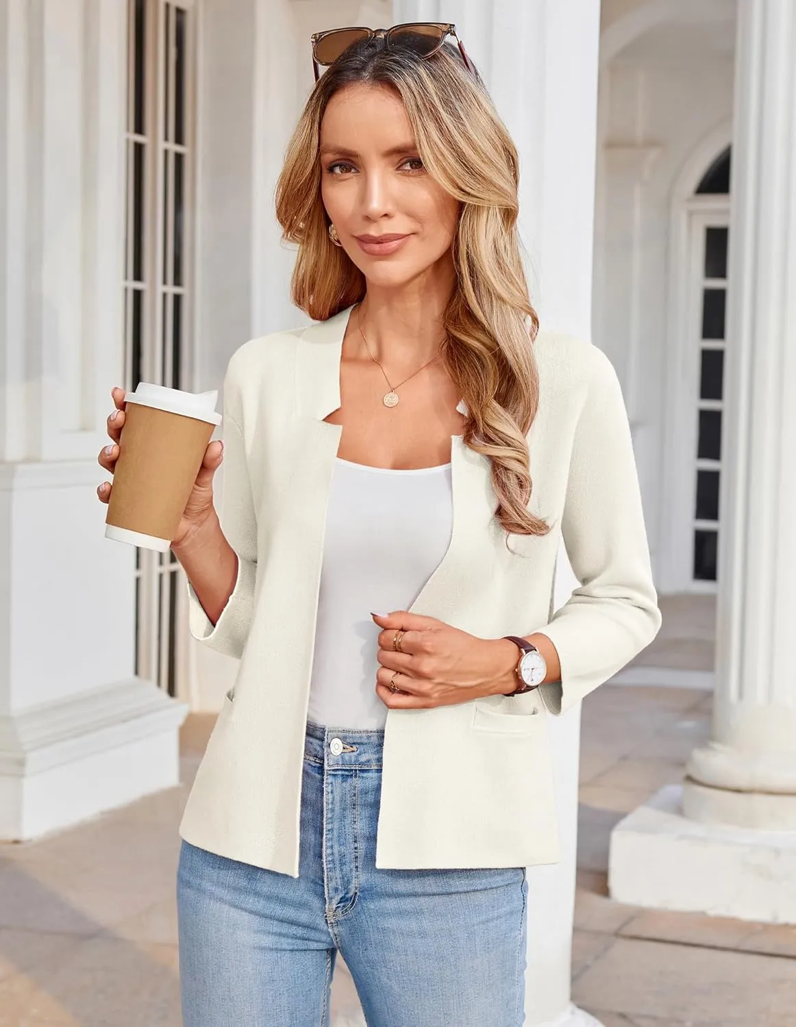 GRACE KARIN Women Sweater Blazer 3/4 Sleeve Cropped Cardigan Lightweight Notch Collar Knit Blazer Jacket Business Casual