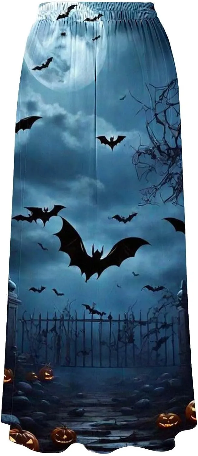 Halloween Skirt Skirt High Waist Party Beach Pocket Long Maxi Skirt Halloween Ball Teacher Outfits for Women Bat