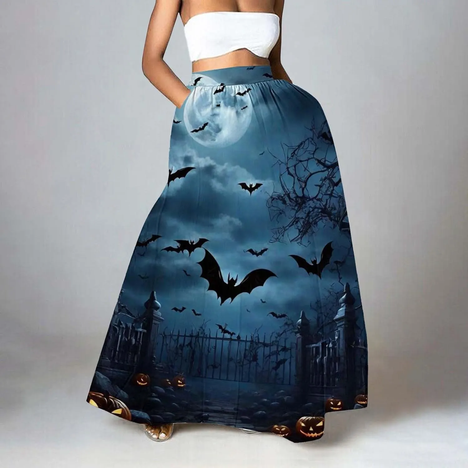 Halloween Skirt Skirt High Waist Party Beach Pocket Long Maxi Skirt Halloween Ball Teacher Outfits for Women Bat