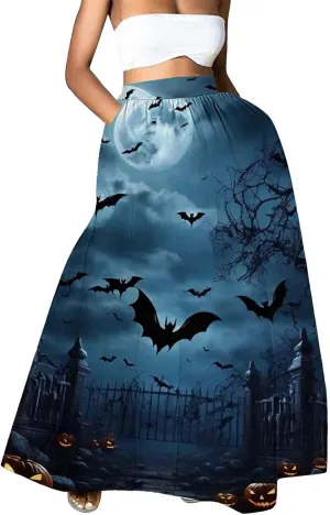 Halloween Skirt Skirt High Waist Party Beach Pocket Long Maxi Skirt Halloween Ball Teacher Outfits for Women Bat