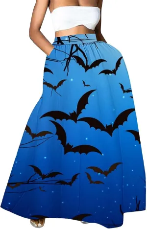 Halloween Skirt Skirt High Waist Party Beach Pocket Long Maxi Skirt Halloween Ball Teacher Outfits for Women Bat