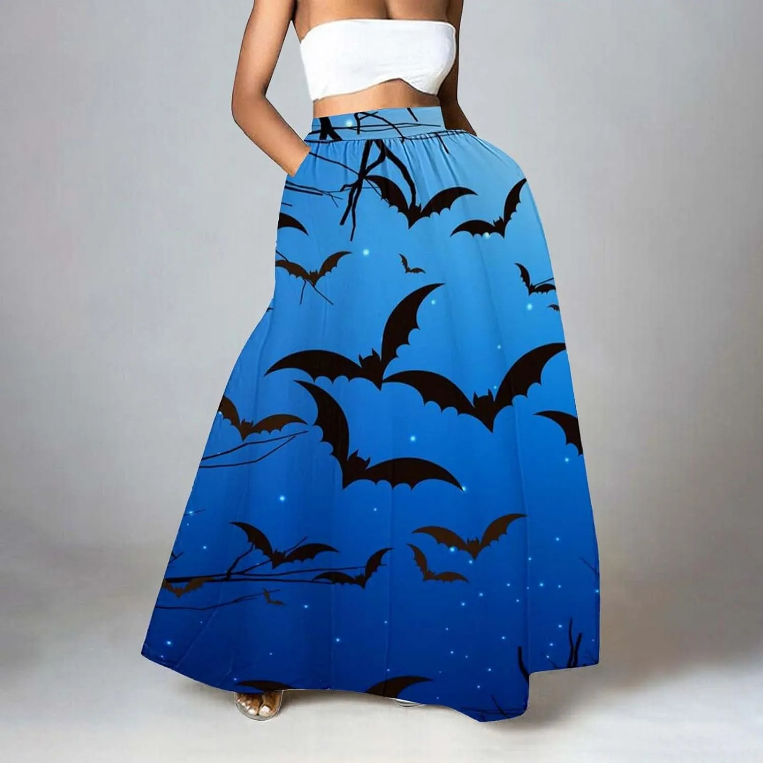 Halloween Skirt Skirt High Waist Party Beach Pocket Long Maxi Skirt Halloween Ball Teacher Outfits for Women Bat