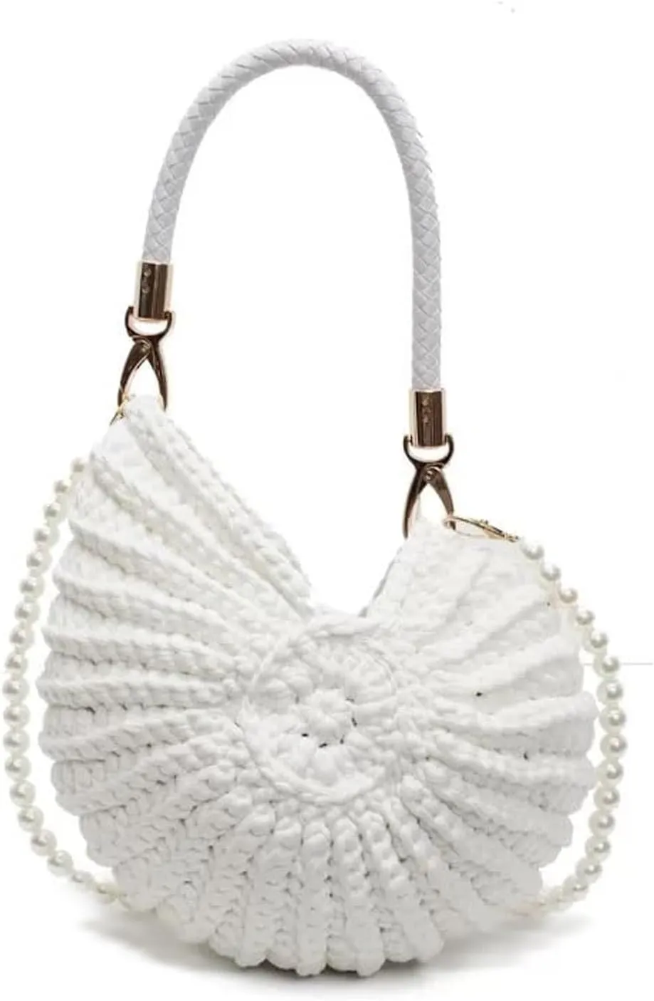 Handwoven Fashion Seashell Clutch, Seashell Bag, Shell Clutch, Shell Purse for Women, Seashell Clutch Purse with Pearl Strap Leather Handle & Premium Hardware(White)