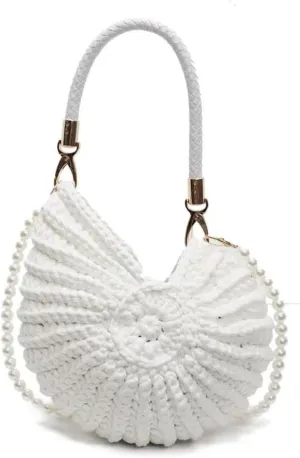 Handwoven Fashion Seashell Clutch, Seashell Bag, Shell Clutch, Shell Purse for Women, Seashell Clutch Purse with Pearl Strap Leather Handle & Premium Hardware(White)