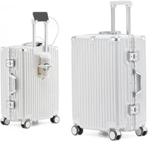 Hard Shell Luggage Cabin Luggage Medium-Sized 4-Wheel Lightweight Luggage with USB Charger Cup Holder No Zipper Luggage,E,28in