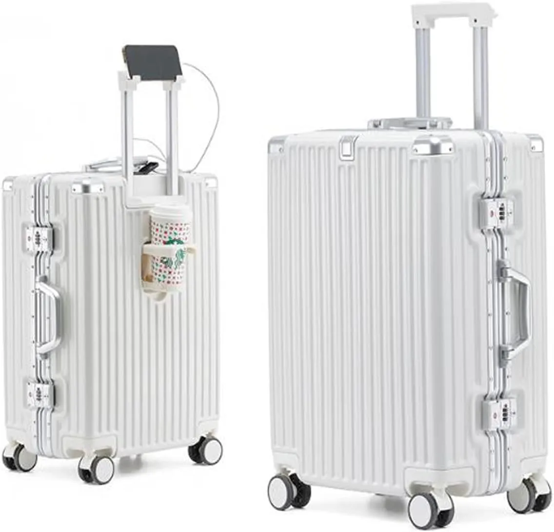 Hard Shell Luggage Cabin Luggage Medium-Sized 4-Wheel Lightweight Luggage with USB Charger Cup Holder No Zipper Luggage,E,28in