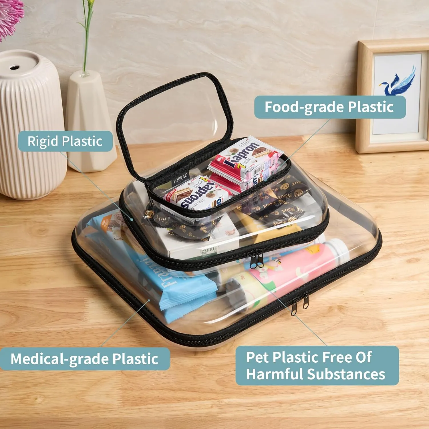 Hard Sided Clear Zipper Case for Storage- Professional-Grade Plastic Clear Zipper Pencil Case,Toy Storage Bins, Toiletry Pouch, Travel Organizer, Cosmetic BagBlack,3 Pack, LMS