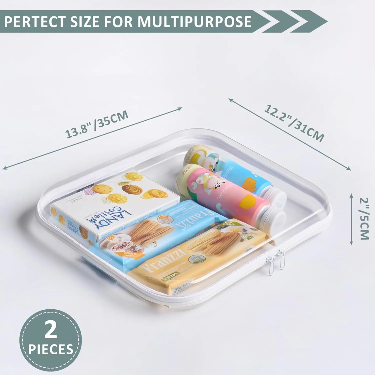 Hard Sided Clear Zipper Case for Storage- Professional-Grade Plastic Clear Zipper Pencil Case,Toy Storage Bins, Toiletry Pouch, Travel Organizer, Cosmetic BagWhite,2 Pack, L