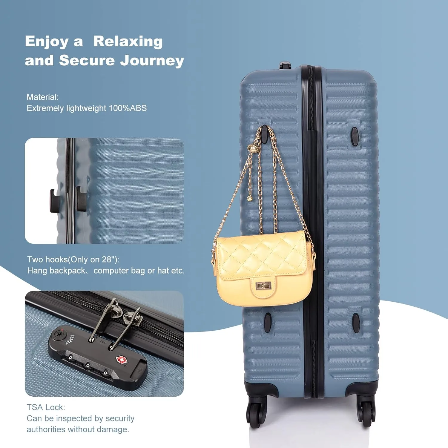 Hardshell Luggage Sets 3 Piece,Rolling Suitcases with Wheels,Travel Suitcase&Hard Shell Suitcases with Adjustable Pull Rod,Two Hooks,TSA Lock,Lightweight,Carry-On ABS (20/24/28) (Blue)