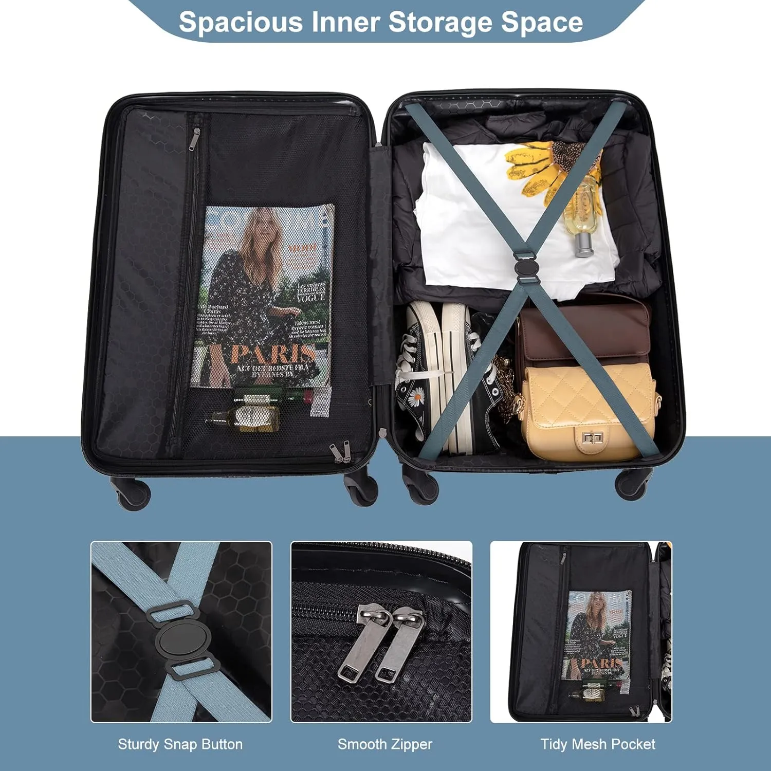 Hardshell Luggage Sets 3 Piece,Rolling Suitcases with Wheels,Travel Suitcase&Hard Shell Suitcases with Adjustable Pull Rod,Two Hooks,TSA Lock,Lightweight,Carry-On ABS (20/24/28) (Blue)