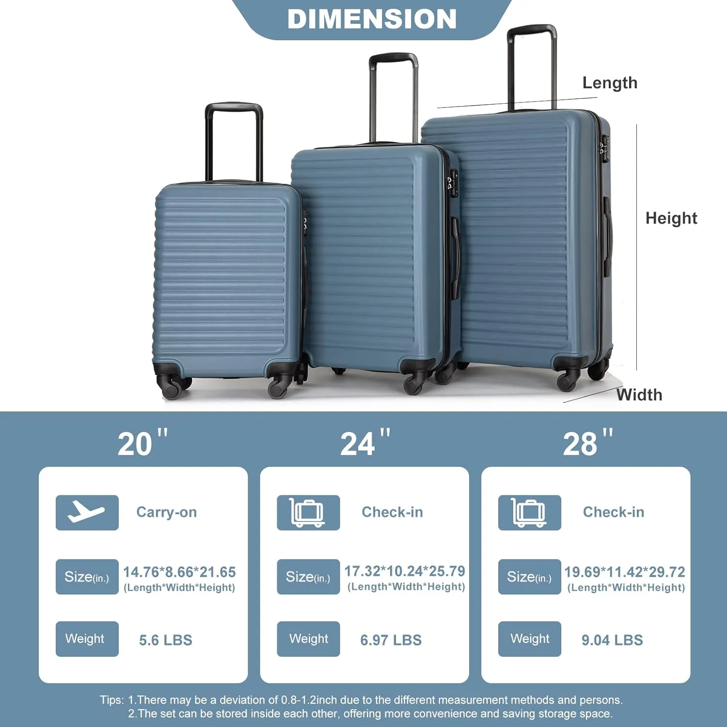 Hardshell Luggage Sets 3 Piece,Rolling Suitcases with Wheels,Travel Suitcase&Hard Shell Suitcases with Adjustable Pull Rod,Two Hooks,TSA Lock,Lightweight,Carry-On ABS (20/24/28) (Blue)