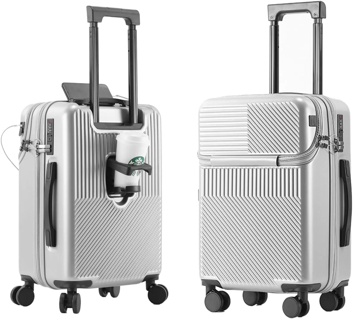 Hardside Carry On Luggage Airline Approved with Cup Holder,Lightweight PC Hard Shell Suitcases with Front Pocket, Spinner Wheels, TSA Lock (Silver, 24inch)