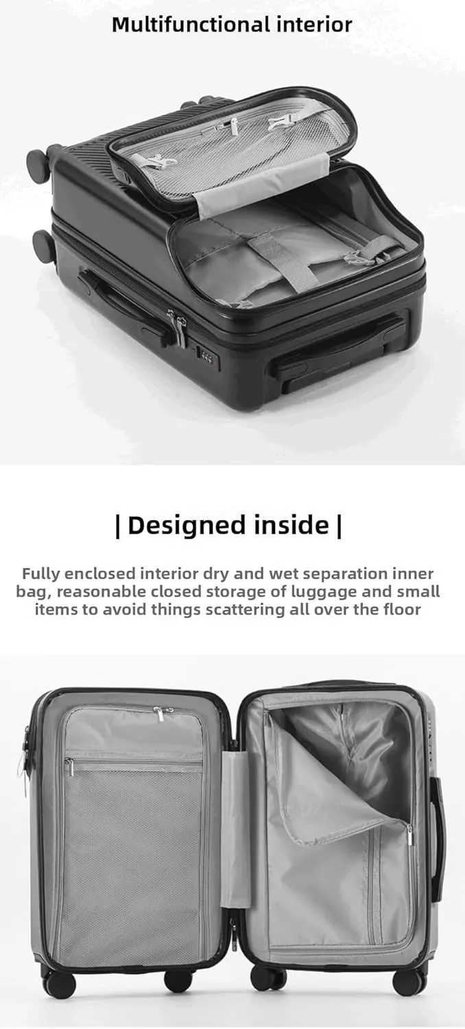 Hardside Carry On Luggage Airline Approved with Cup Holder,Lightweight PC Hard Shell Suitcases with Front Pocket, Spinner Wheels, TSA Lock (Silver, 24inch)