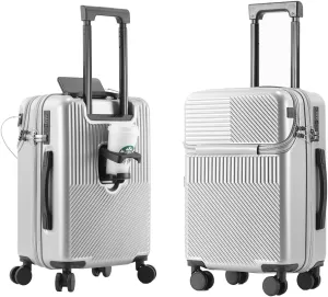 Hardside Carry On Luggage Airline Approved with Cup Holder,Lightweight PC Hard Shell Suitcases with Front Pocket, Spinner Wheels, TSA Lock (Silver, 24inch)