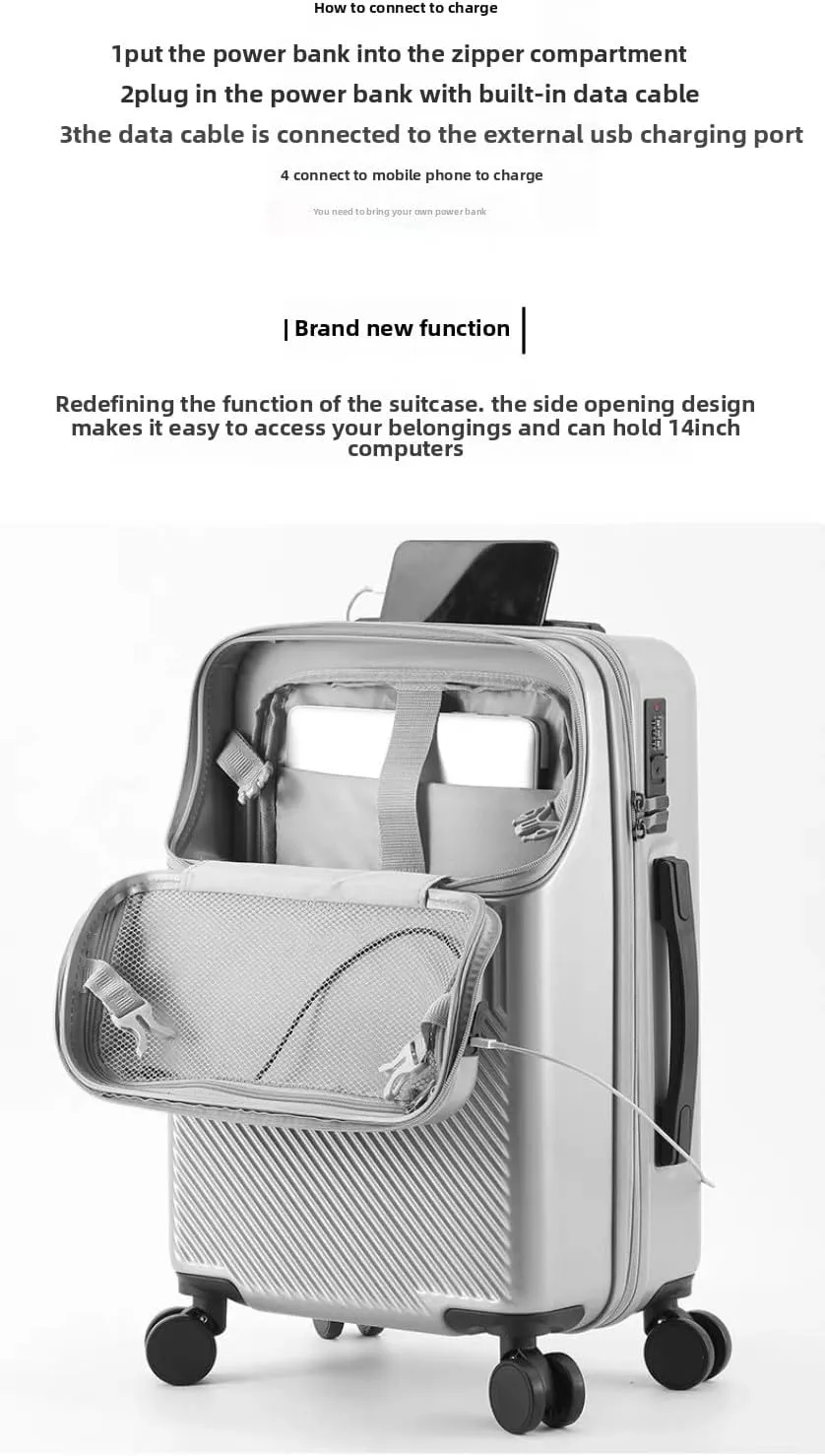 Hardside Carry On Luggage Airline Approved with Cup Holder,Lightweight PC Hard Shell Suitcases with Front Pocket, Spinner Wheels, TSA Lock (Silver, 24inch)