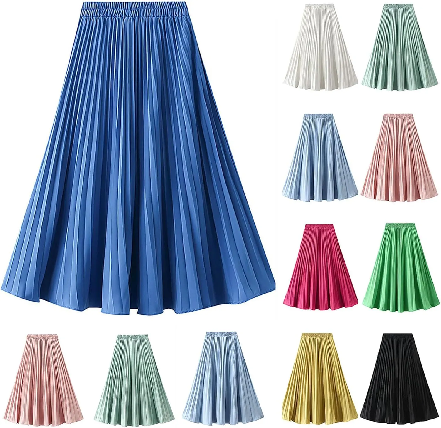 HGps8w Women Elegant Pleated Skirt Solid Color High Elastic Waist Midi Swing A-line Skirts