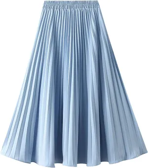 HGps8w Women Elegant Pleated Skirt Solid Color High Elastic Waist Midi Swing A-line Skirts