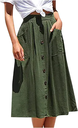 HGps8w Women's Button Front Midi Flare Skirt Casual Elastic High Waist Summer Solid A-Line Swing Skirts with Pockets