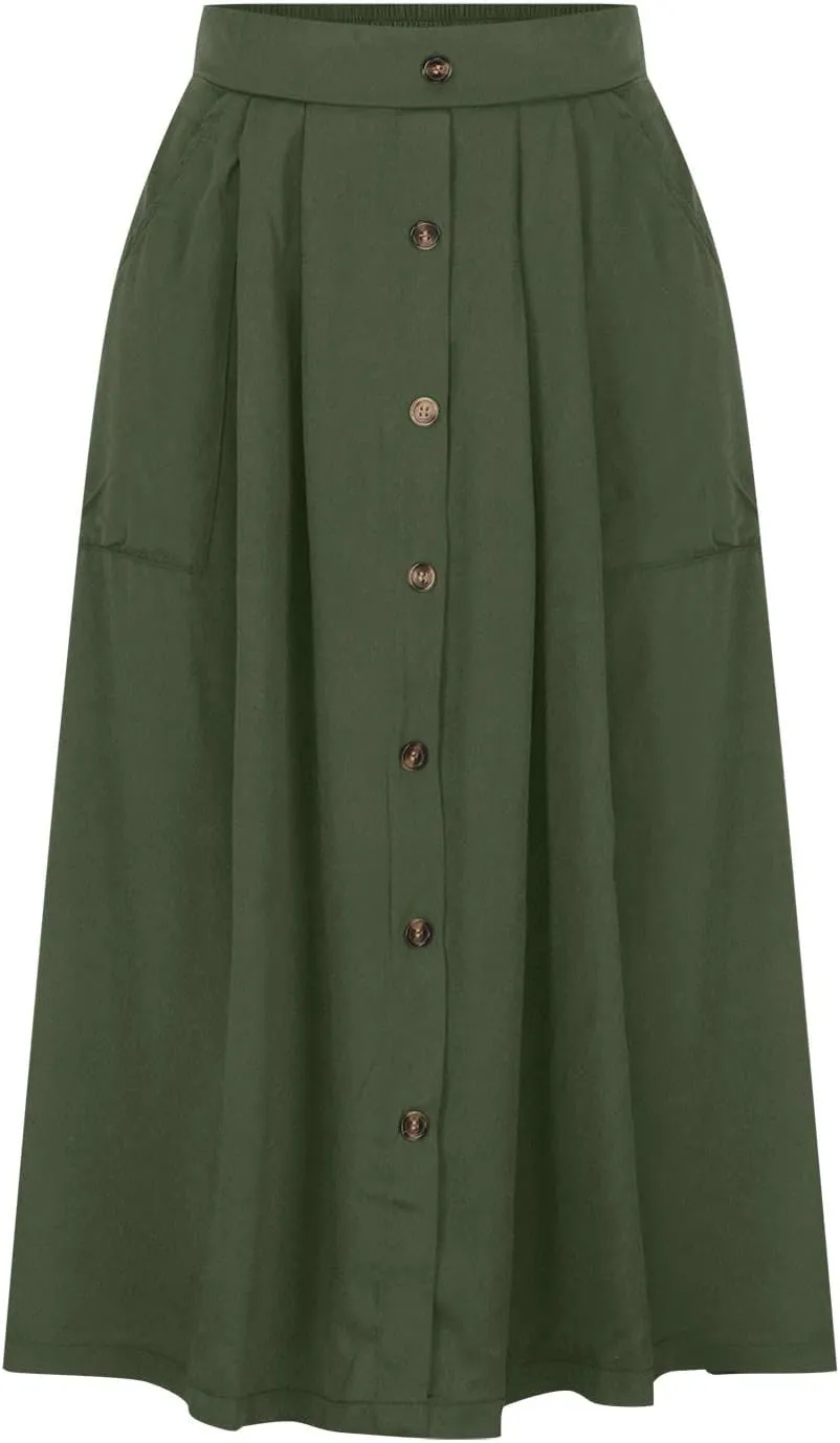 HGps8w Women's Button Front Midi Flare Skirt Casual Elastic High Waist Summer Solid A-Line Swing Skirts with Pockets