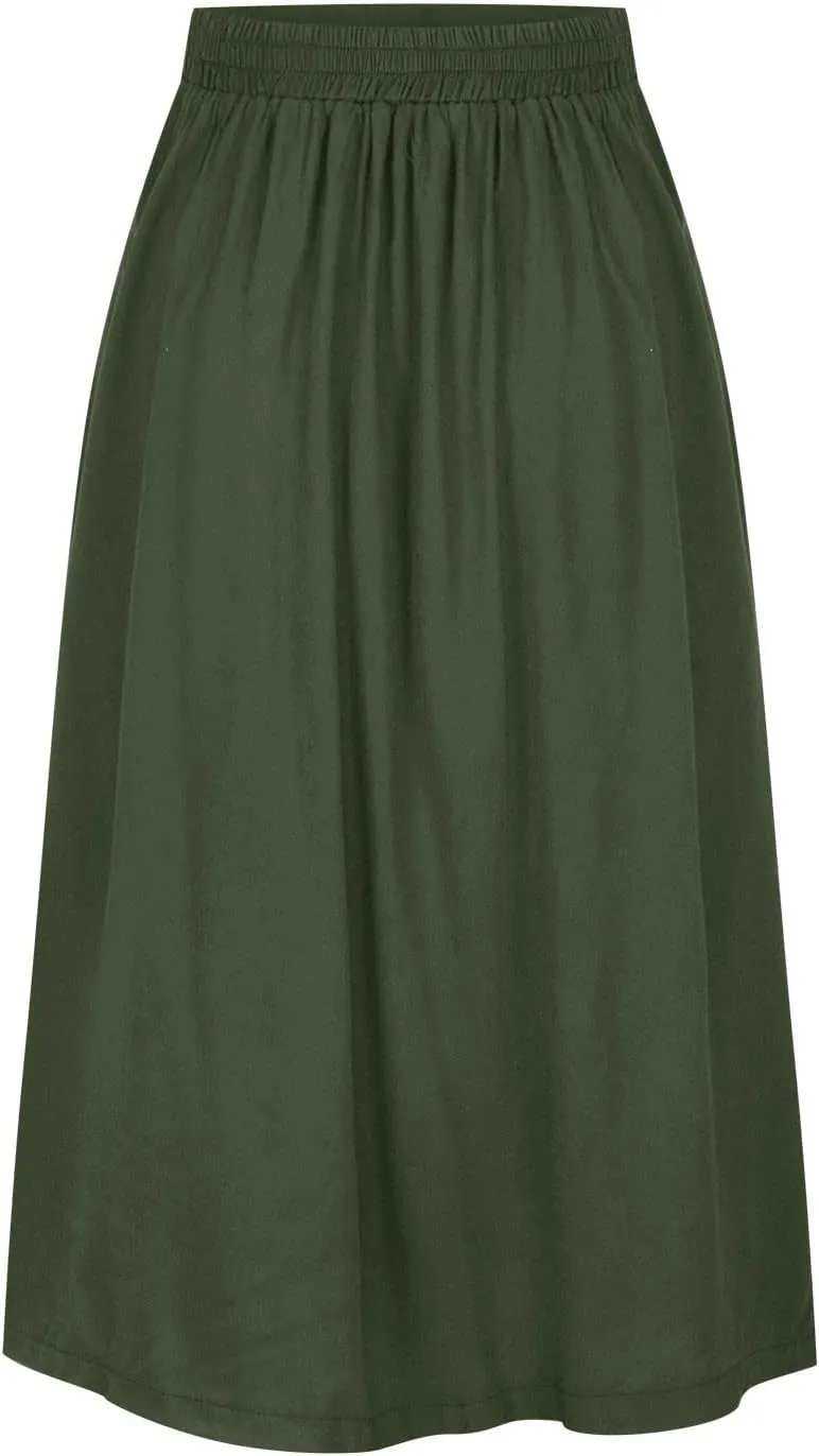 HGps8w Women's Button Front Midi Flare Skirt Casual Elastic High Waist Summer Solid A-Line Swing Skirts with Pockets