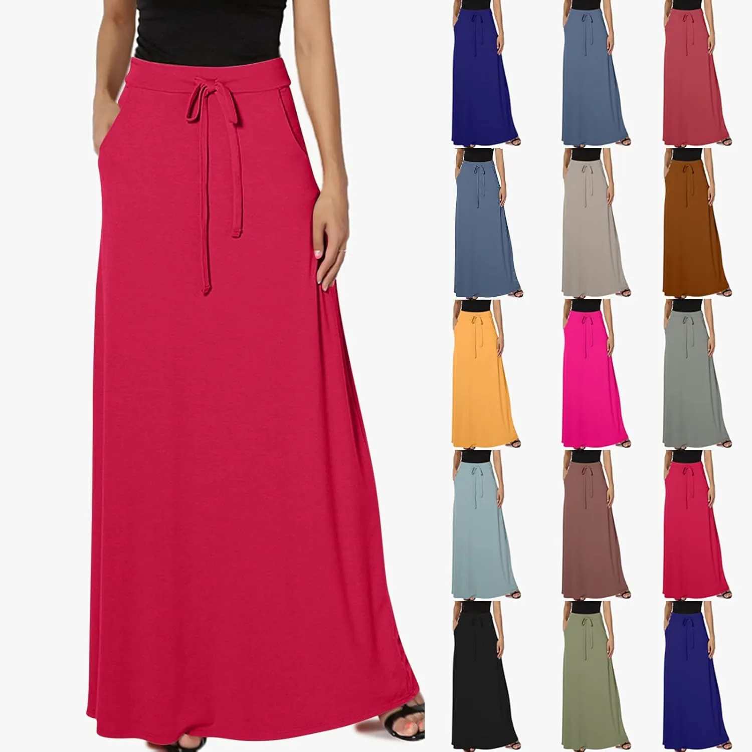 HGps8w Women's Loose Drawstring Maxi Skirts with Pockets Elastic High Waist Casual Solid Color Ankle Long Skirt