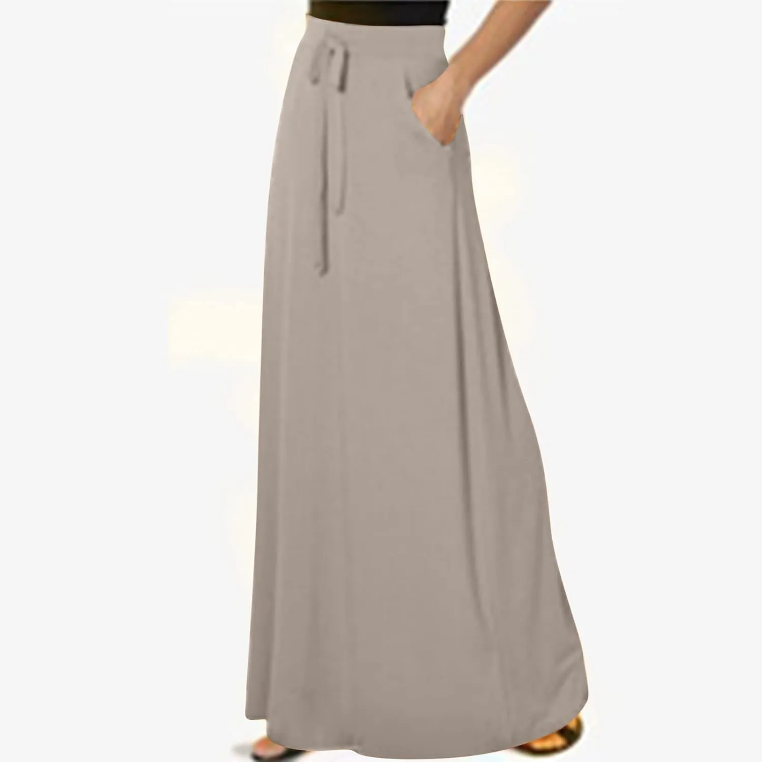 HGps8w Women's Loose Drawstring Maxi Skirts with Pockets Elastic High Waist Casual Solid Color Ankle Long Skirt