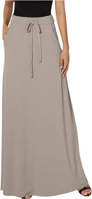 HGps8w Women's Loose Drawstring Maxi Skirts with Pockets Elastic High Waist Casual Solid Color Ankle Long Skirt
