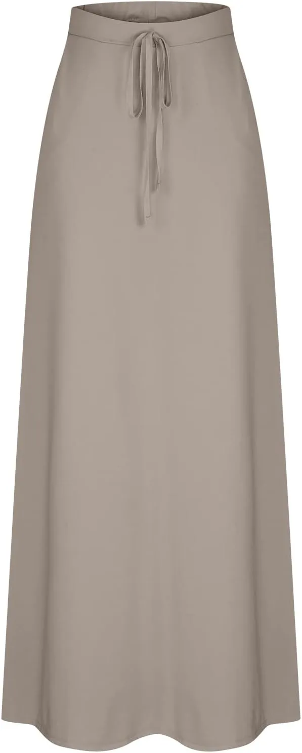 HGps8w Women's Loose Drawstring Maxi Skirts with Pockets Elastic High Waist Casual Solid Color Ankle Long Skirt