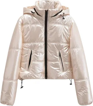 HGps8w Women's Metallic Luster Quilted Jackets Lightweight Padded Down Hooded Winter Coats Full Zip Thickened Warm Outerwear