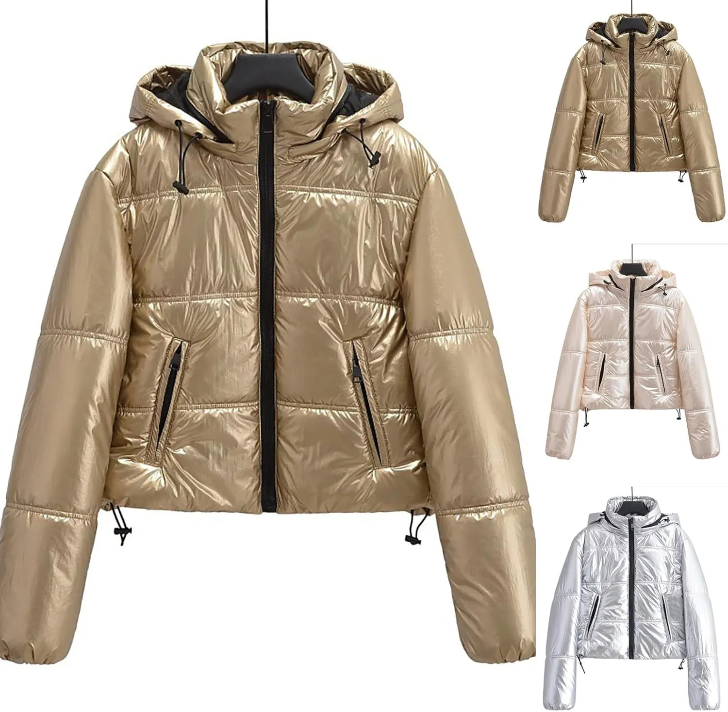 HGps8w Women's Metallic Luster Quilted Jackets Lightweight Padded Down Hooded Winter Coats Full Zip Thickened Warm Outerwear