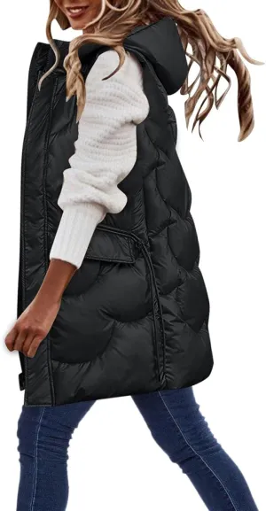 hlysgo Womens Winter Puffer Vest with Hood Sleeveless Hooded Full Zipper Thicken Long Jacket Slim Warm Padded Coats