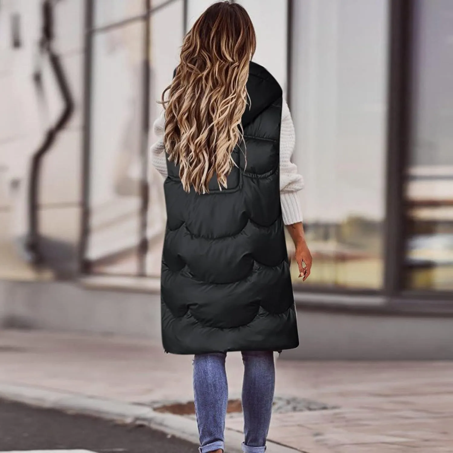 hlysgo Womens Winter Puffer Vest with Hood Sleeveless Hooded Full Zipper Thicken Long Jacket Slim Warm Padded Coats