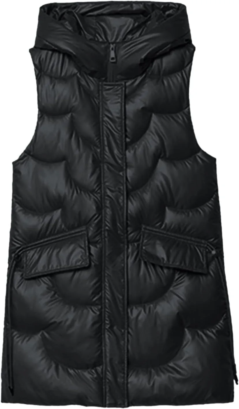 hlysgo Womens Winter Puffer Vest with Hood Sleeveless Hooded Full Zipper Thicken Long Jacket Slim Warm Padded Coats