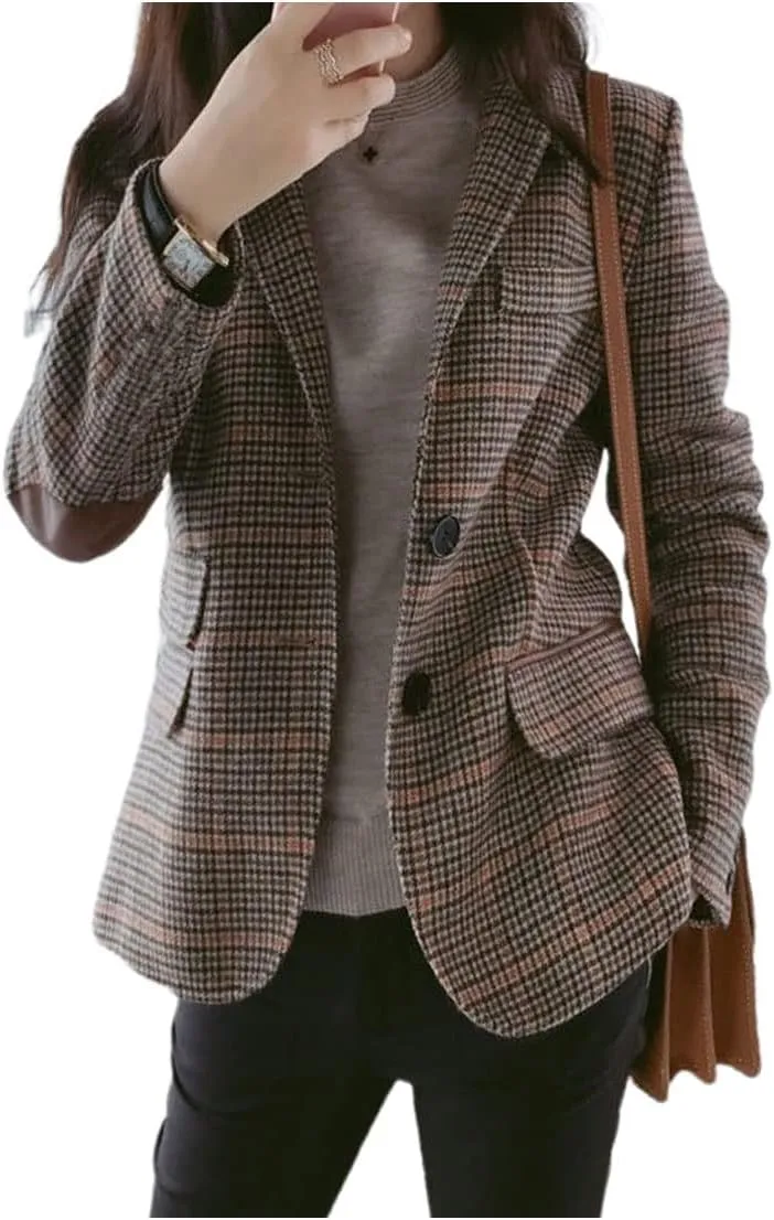 Hotmiss Womens Houndstooth Plaid Blazer Suits Nothced Lapel Single Breasted Jacket Coat with Patched Elbow