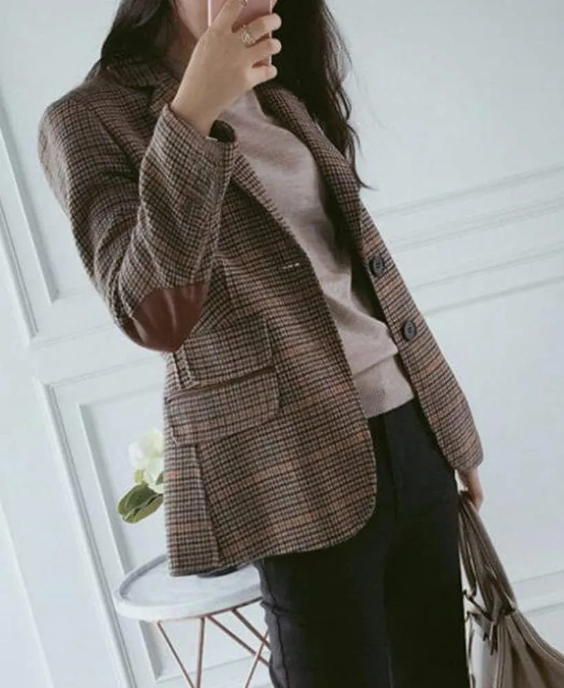 Hotmiss Womens Houndstooth Plaid Blazer Suits Nothced Lapel Single Breasted Jacket Coat with Patched Elbow