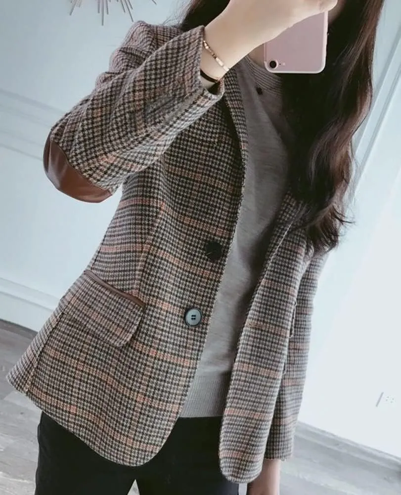 Hotmiss Womens Houndstooth Plaid Blazer Suits Nothced Lapel Single Breasted Jacket Coat with Patched Elbow