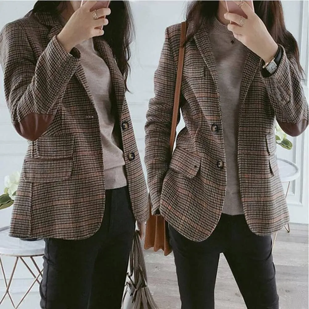 Hotmiss Womens Houndstooth Plaid Blazer Suits Nothced Lapel Single Breasted Jacket Coat with Patched Elbow
