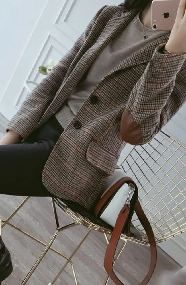 Hotmiss Womens Houndstooth Plaid Blazer Suits Nothced Lapel Single Breasted Jacket Coat with Patched Elbow