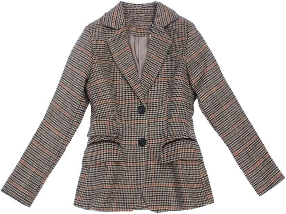 Hotmiss Womens Houndstooth Plaid Blazer Suits Nothced Lapel Single Breasted Jacket Coat with Patched Elbow