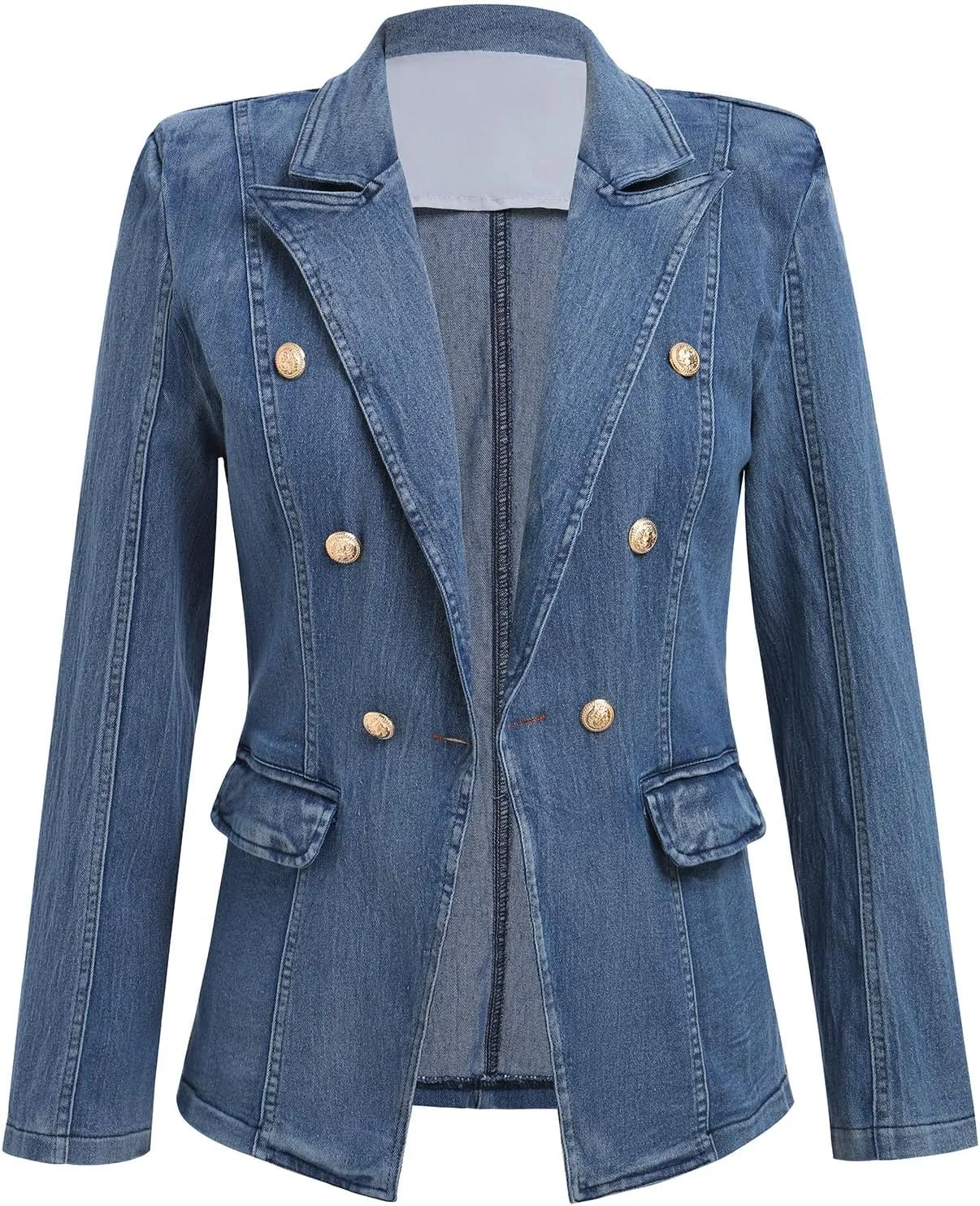IDOPIP Denim Blazer Jacket for Women Long Sleeve Button Down Casual Work Office Jeans Blazer Open Front Cardigan Blazer Coat