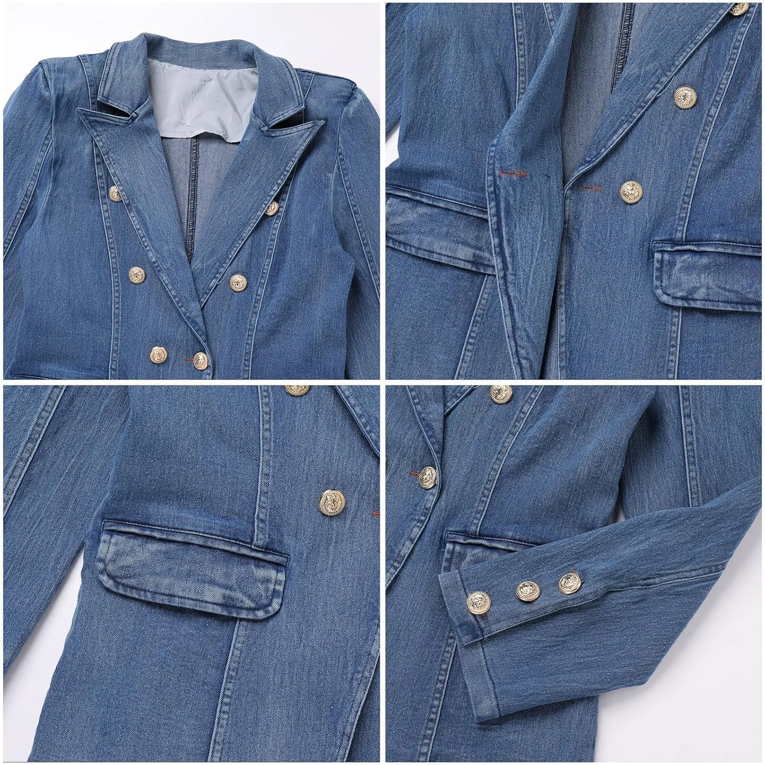 IDOPIP Denim Blazer Jacket for Women Long Sleeve Button Down Casual Work Office Jeans Blazer Open Front Cardigan Blazer Coat