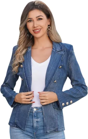 IDOPIP Denim Blazer Jacket for Women Long Sleeve Button Down Casual Work Office Jeans Blazer Open Front Cardigan Blazer Coat