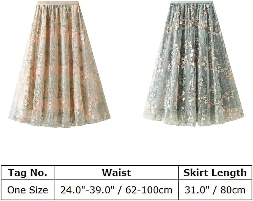 IDOPIP Women Floral Embroidery Mesh Skirt Summer Elastic Waist Ruffle Midi Skirt Formal Elegant Layered Tulle Flowy Skirt