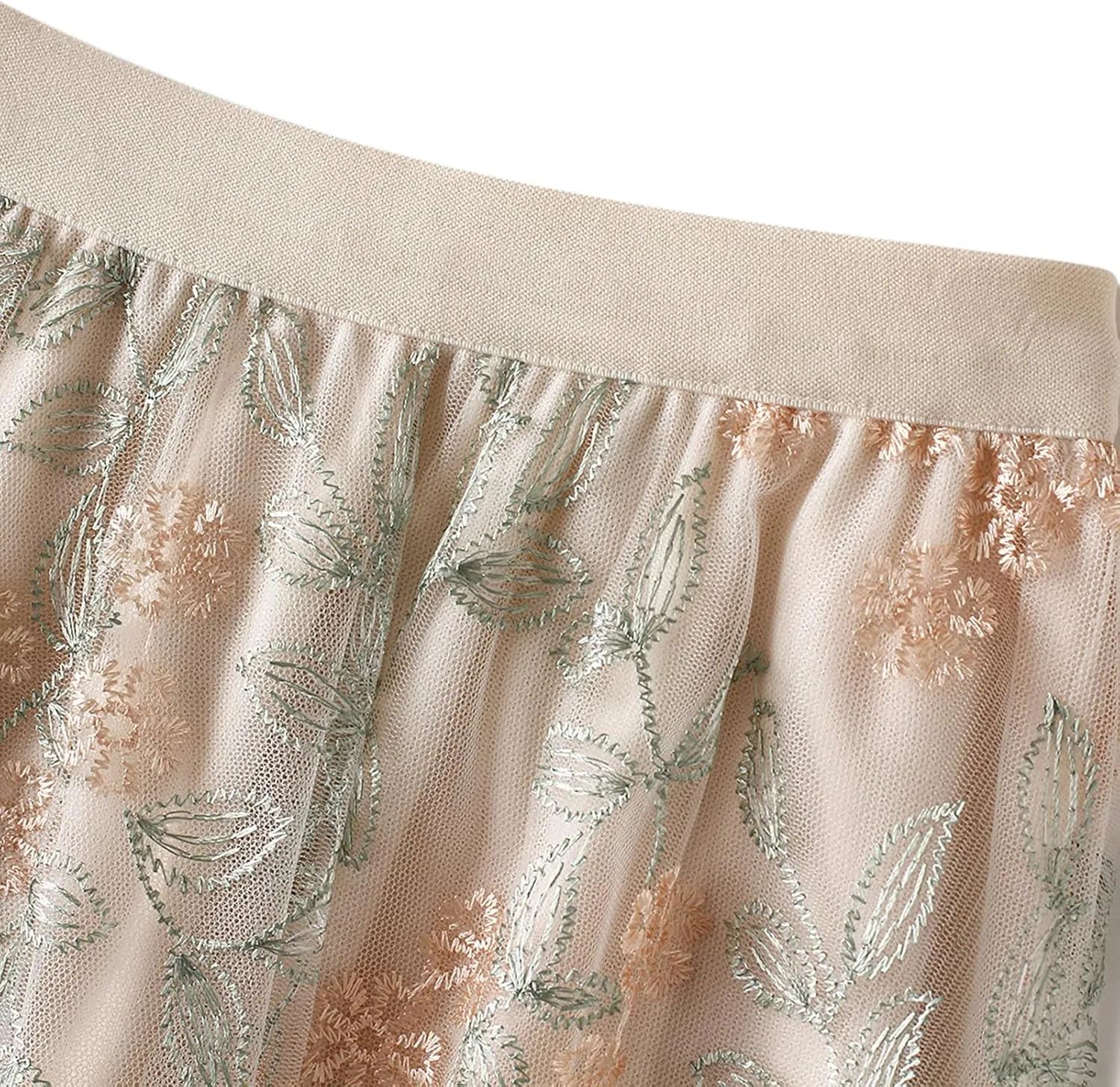 IDOPIP Women Floral Embroidery Mesh Skirt Summer Elastic Waist Ruffle Midi Skirt Formal Elegant Layered Tulle Flowy Skirt
