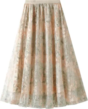 IDOPIP Women Floral Embroidery Mesh Skirt Summer Elastic Waist Ruffle Midi Skirt Formal Elegant Layered Tulle Flowy Skirt