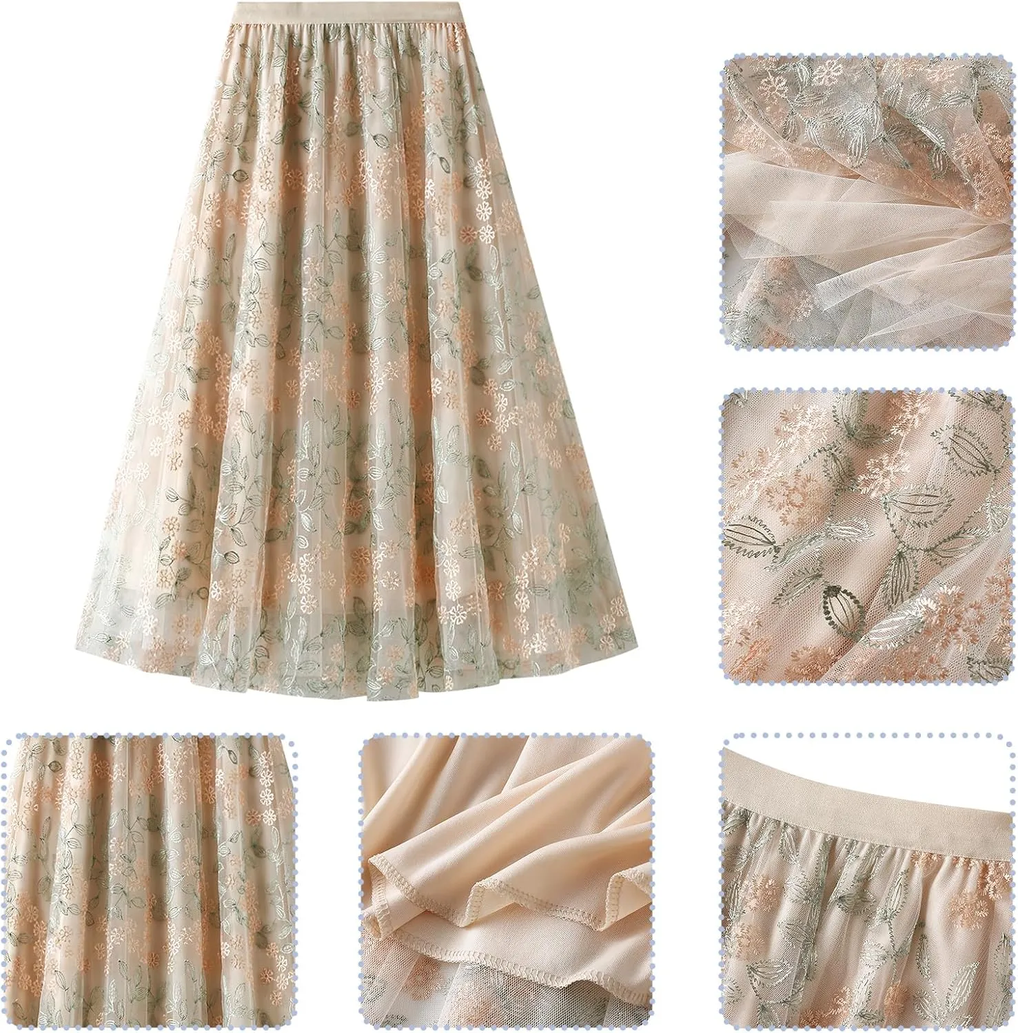 IDOPIP Women Floral Embroidery Mesh Skirt Summer Elastic Waist Ruffle Midi Skirt Formal Elegant Layered Tulle Flowy Skirt