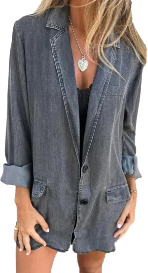 Jean Jacket for Women Lightweight Loose Fit Denim Blazer Shirt Jackets Summer Oversized Work Button Jacket