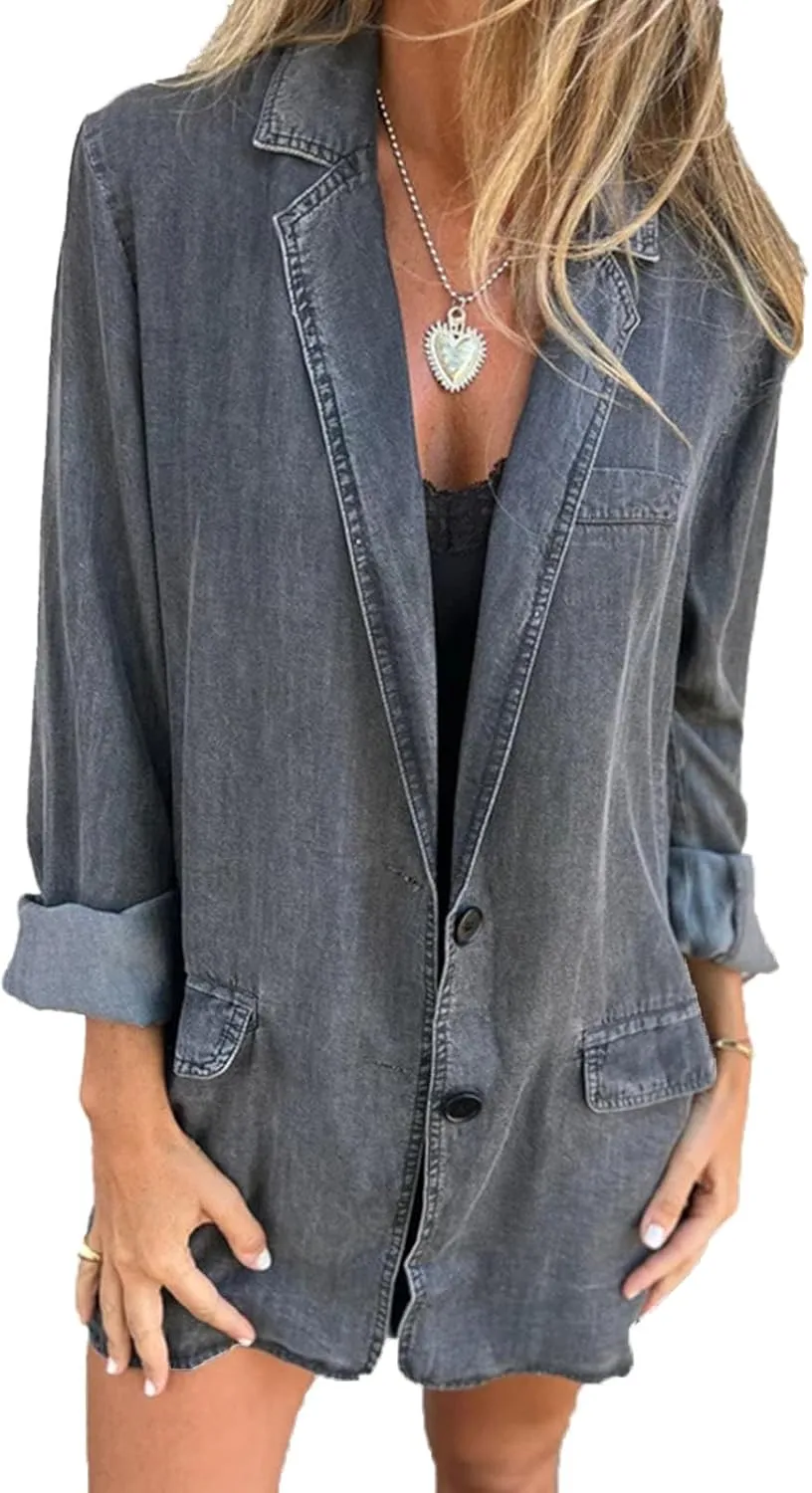 Jean Jacket for Women Lightweight Loose Fit Denim Blazer Shirt Jackets Summer Oversized Work Button Jacket