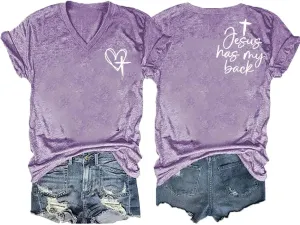 Jesus Has My Back Tee Womens Plus Size Faith in Jesus V Neck Christian Inspirational Graphic Top